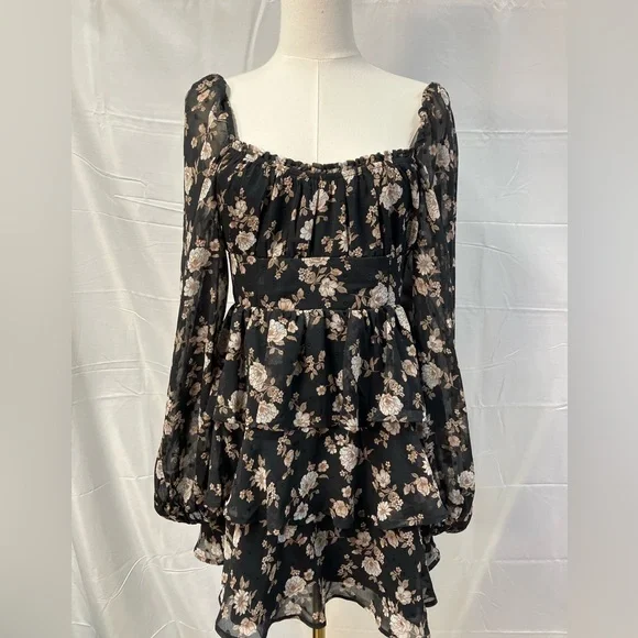 Altar’d State Long Sleeve‎ Floral Mini Dress Black New Girls Large Boho Flowy - Picture 2 of 9